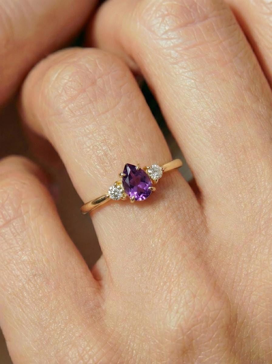 0.50ct Amethyst Birthstone Ring, Pear Cut Vintage Engagement Ring, February Gemstone, Teardrop Promise Ring