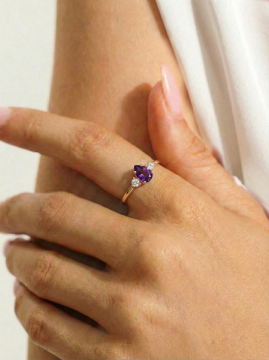 0.50ct Amethyst Birthstone Ring, Pear Cut Vintage Engagement Ring, February Gemstone, Teardrop Promise Ring