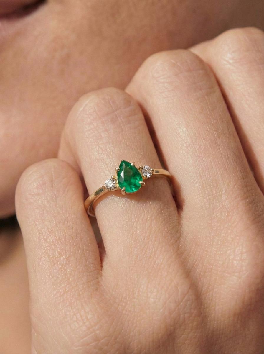 0.50ct Emerald Birthstone Ring, Pear Cut Vintage Engagement Ring, May Gemstone, Teardrop Promise Ring