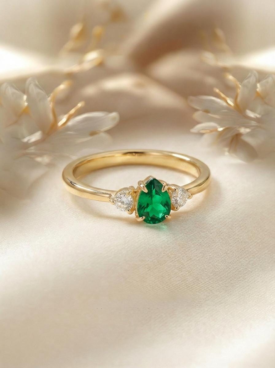 0.50ct Emerald Birthstone Ring, Pear Cut Vintage Engagement Ring, May Gemstone, Teardrop Promise Ring