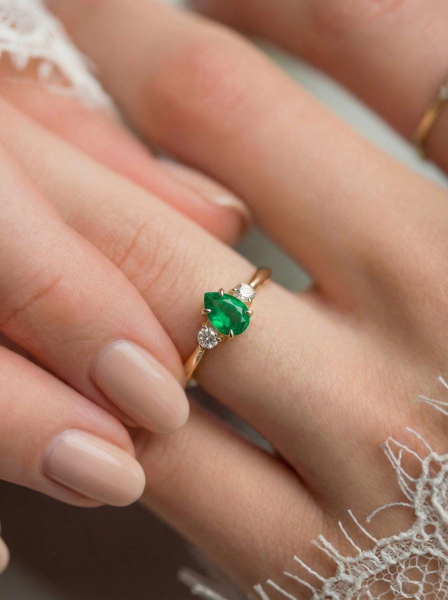 0.50ct Emerald Birthstone Ring, Pear Cut Vintage Engagement Ring, May Gemstone, Teardrop Promise Ring
