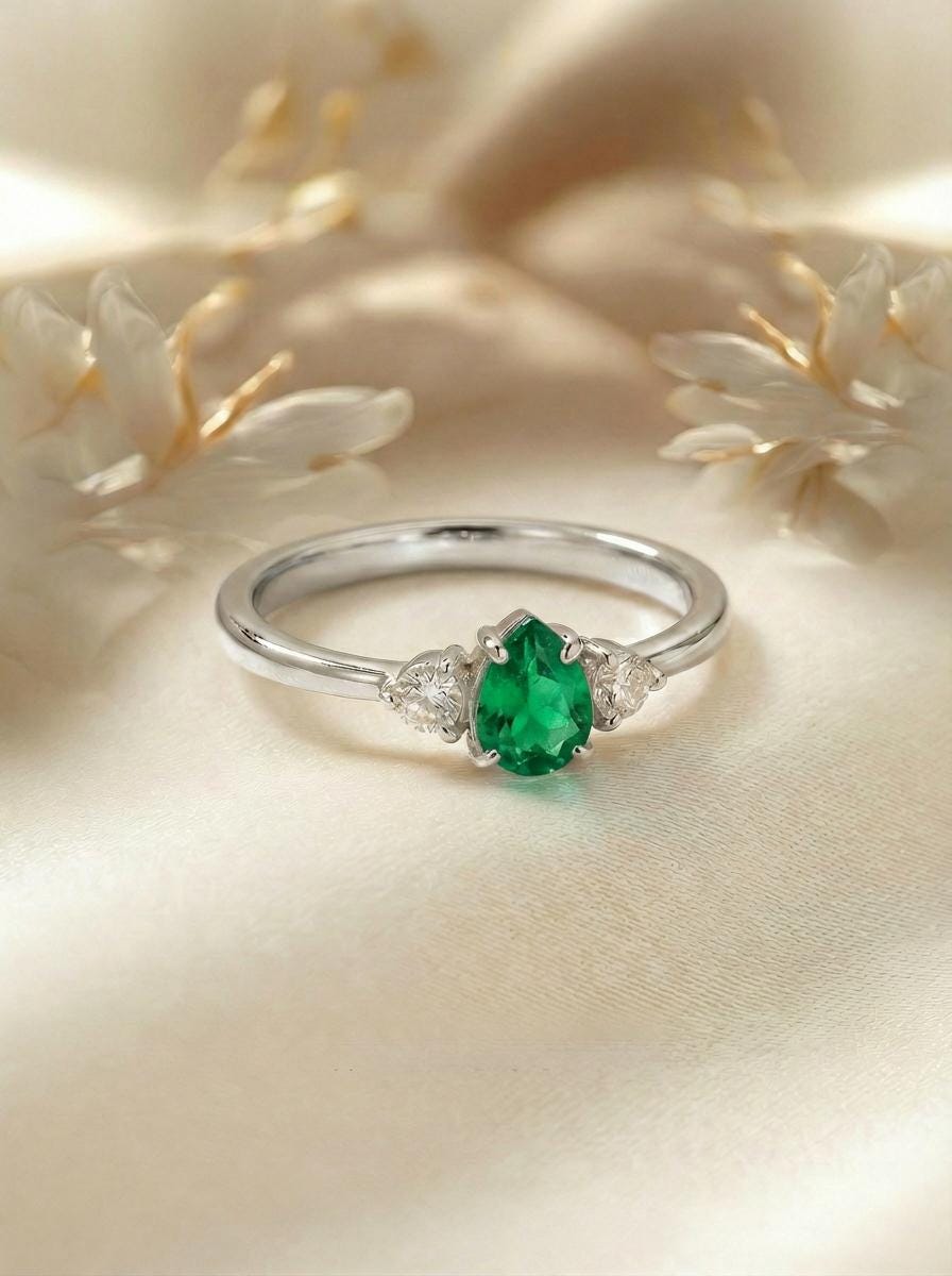 0.50ct Emerald Birthstone Ring, Pear Cut Vintage Engagement Ring, May Gemstone, Teardrop Promise Ring
