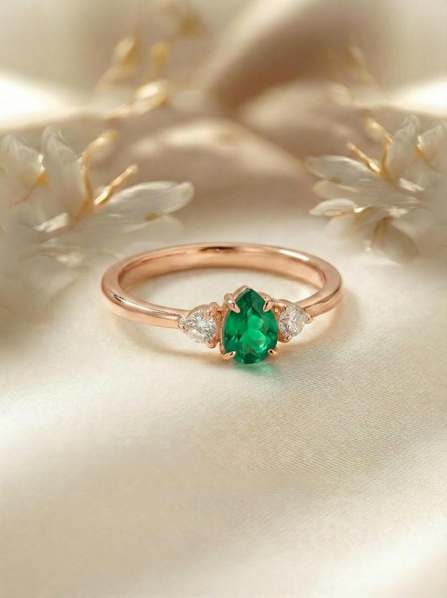 0.50ct Emerald Birthstone Ring, Pear Cut Vintage Engagement Ring, May Gemstone, Teardrop Promise Ring