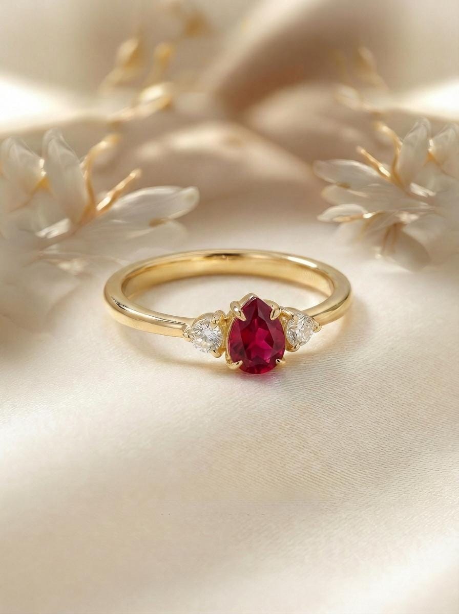 0.50ct Ruby Birthstone Ring, Pear Cut Vintage Engagement Ring, July Gemstone, Teardrop Promise Ring