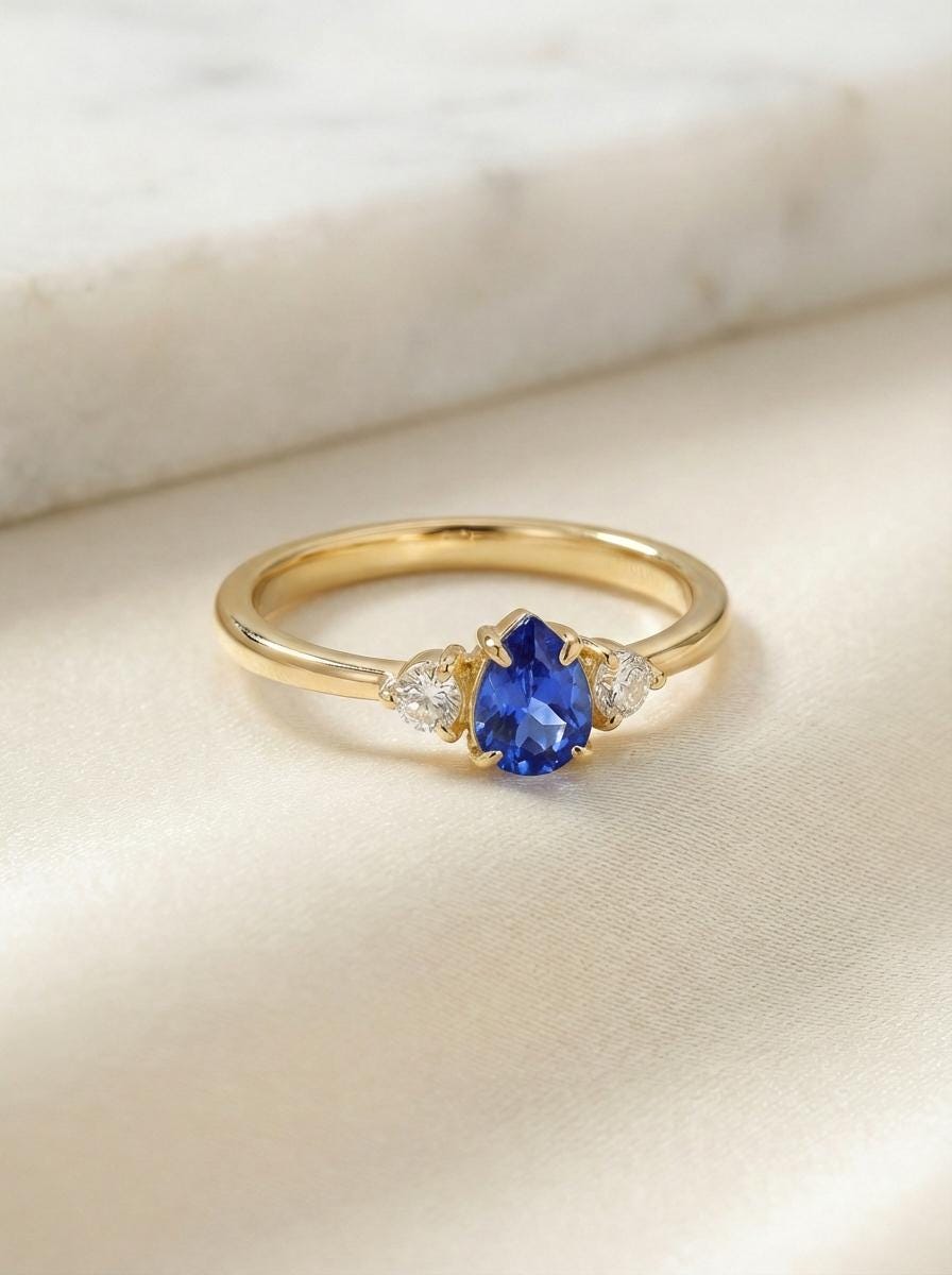 0.50ct Blue Sapphire Birthstone Ring, Pear Cut Vintage Engagement Ring, September Gemstone, Teardrop Promise Ring