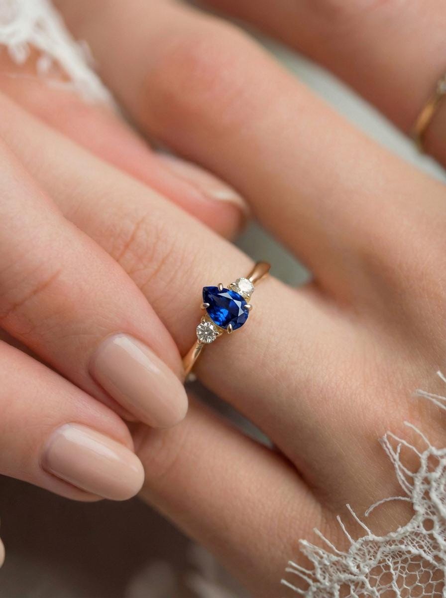 0.50ct Blue Sapphire Birthstone Ring, Pear Cut Vintage Engagement Ring, September Gemstone, Teardrop Promise Ring