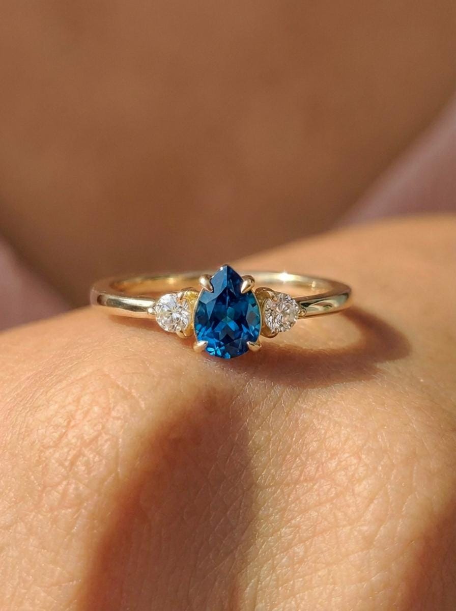 0.50ct Blue Sapphire Birthstone Ring, Pear Cut Vintage Engagement Ring, September Gemstone, Teardrop Promise Ring