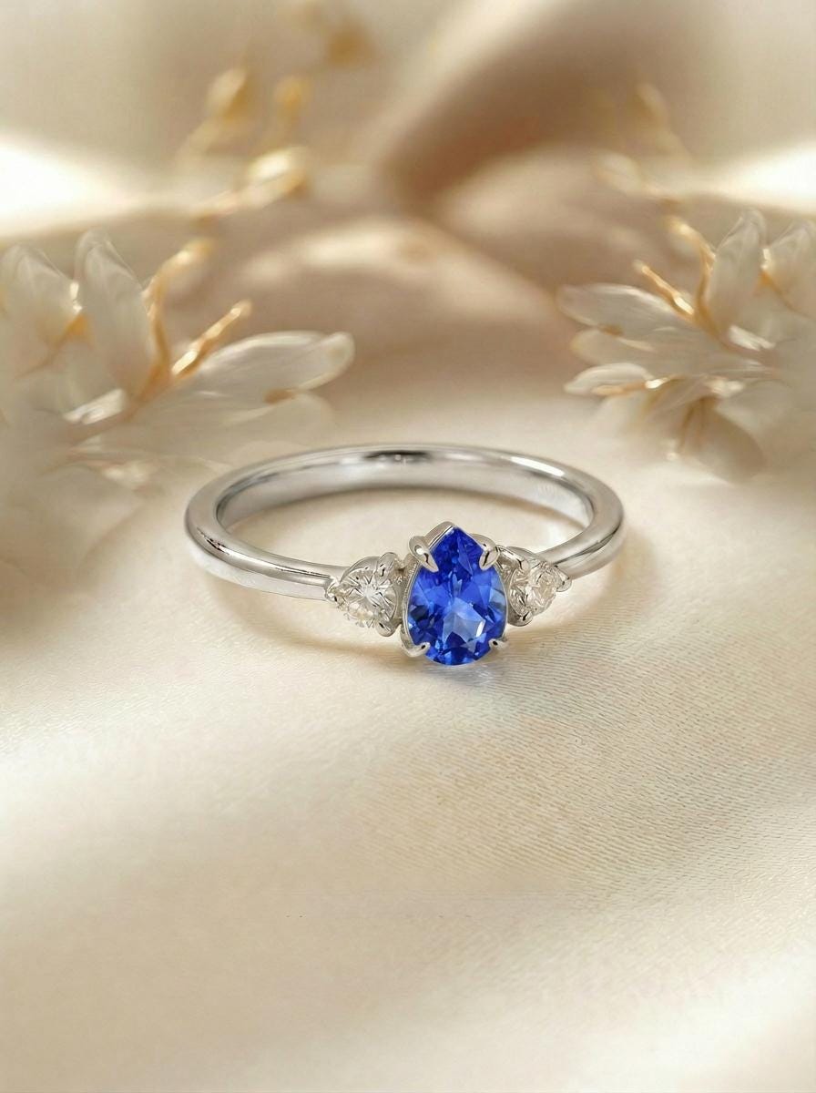 0.50ct Blue Sapphire Birthstone Ring, Pear Cut Vintage Engagement Ring, September Gemstone, Teardrop Promise Ring