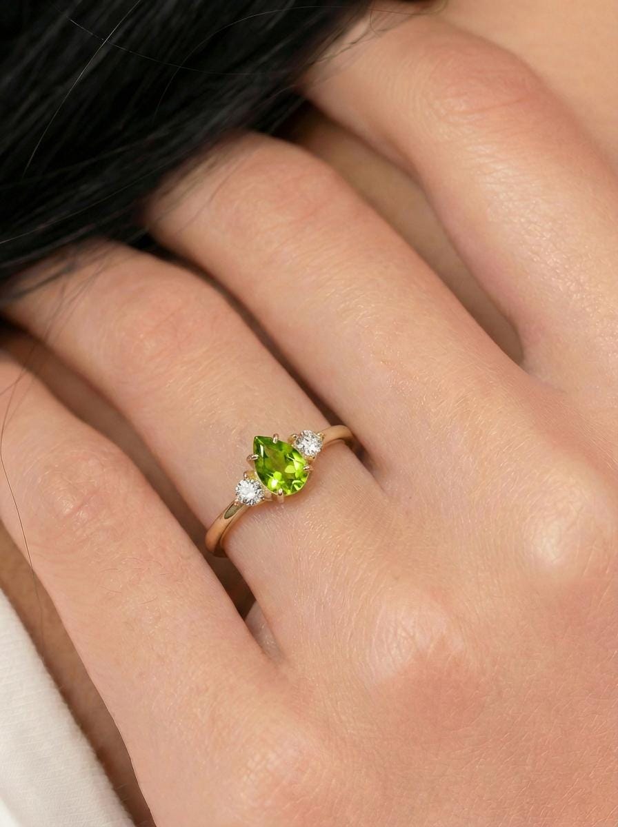 0.50ct Peridot Birthstone Ring, Pear Cut Vintage Engagement Ring, August Gemstone, Teardrop Promise Ring