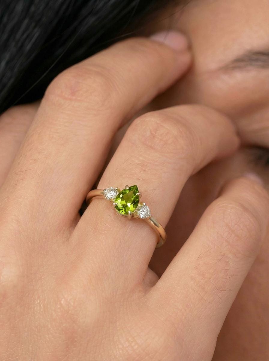 0.50ct Peridot Birthstone Ring, Pear Cut Vintage Engagement Ring, August Gemstone, Teardrop Promise Ring
