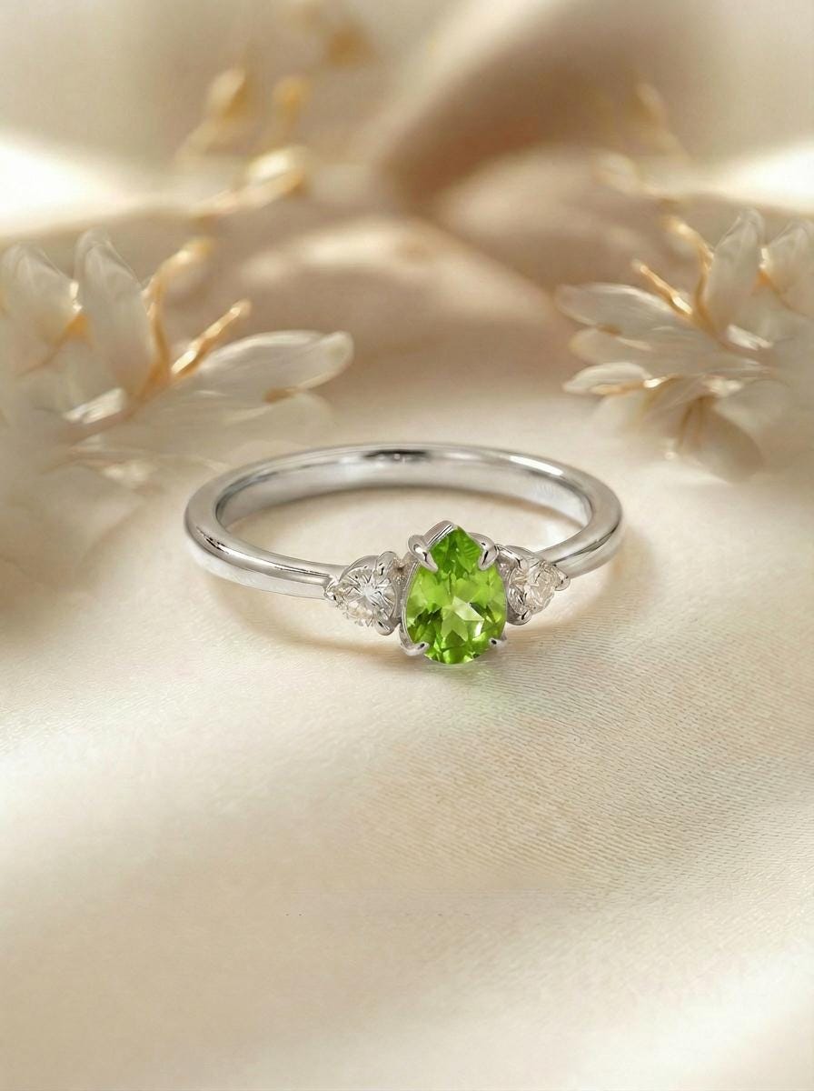 0.50ct Peridot Birthstone Ring, Pear Cut Vintage Engagement Ring, August Gemstone, Teardrop Promise Ring