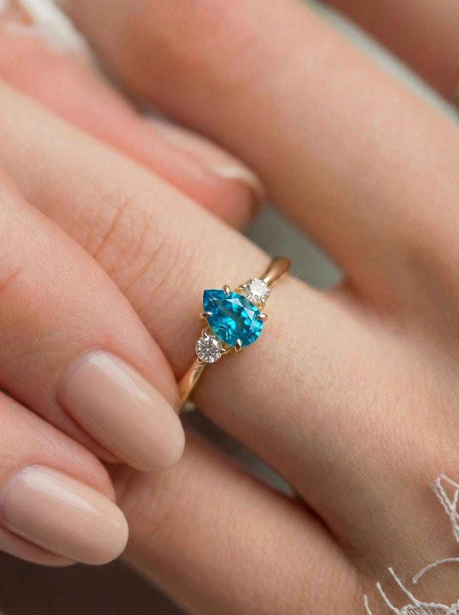 Pear Cut Blue Zircon Engagement Ring, 0.50ct December Birthstone Ring, Vintage Teardrop Promise Ring, Gift for Her