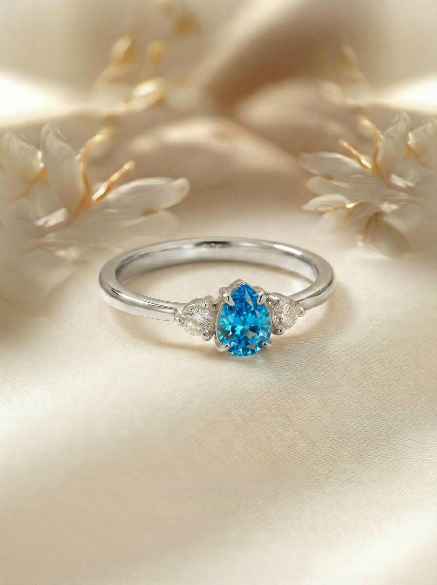 Pear Cut Blue Zircon Engagement Ring, 0.50ct December Birthstone Ring, Vintage Teardrop Promise Ring, Gift for Her