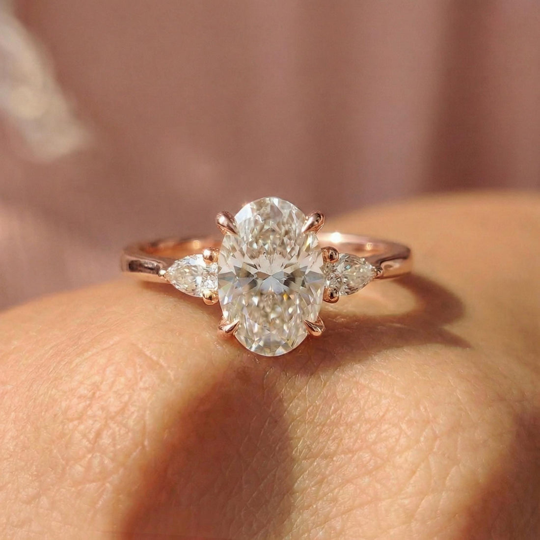 2.5ct Oval Cut Moissanite Ring, Petite Three Stone Engagement Ring, 14K Solid Gold Dainty Minimalist Jewelry, Pear Side Stone Promise Ring
