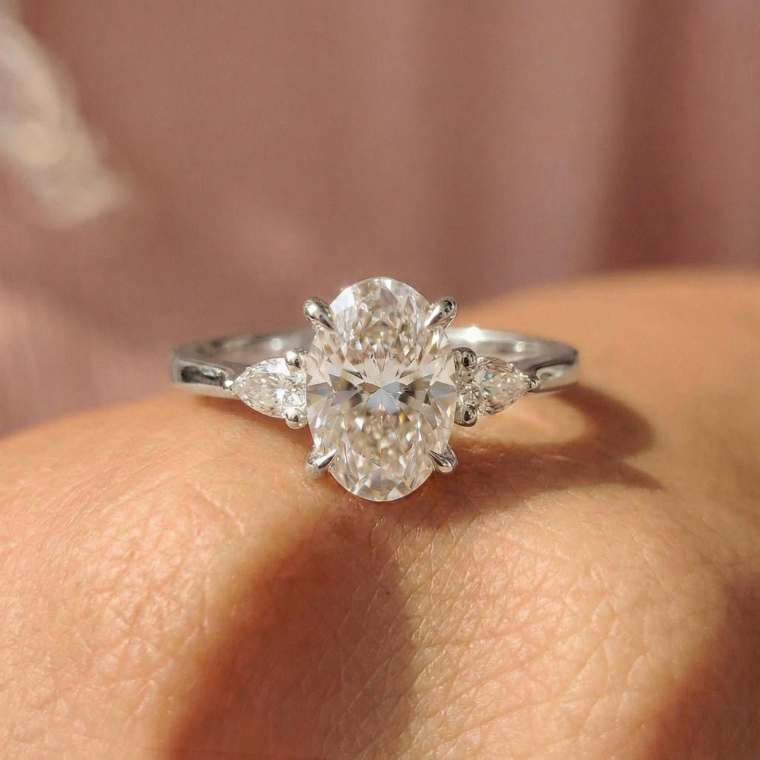 2.5ct Oval Cut Moissanite Ring, Petite Three Stone Engagement Ring, 14K Solid Gold Dainty Minimalist Jewelry, Pear Side Stone Promise Ring