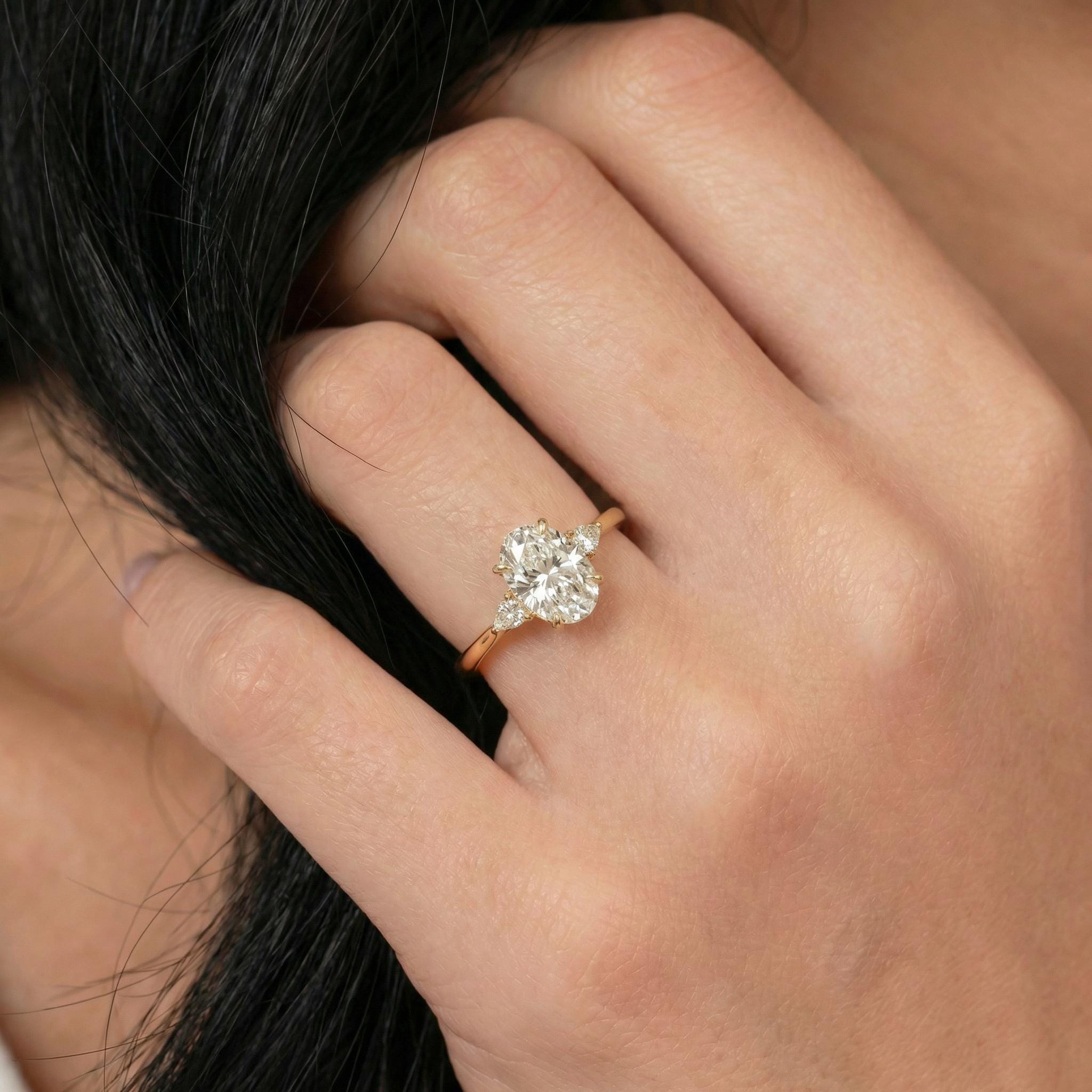 2.5ct Oval Cut Moissanite Ring, Petite Three Stone Engagement Ring, 14K Solid Gold Dainty Minimalist Jewelry, Pear Side Stone Promise Ring