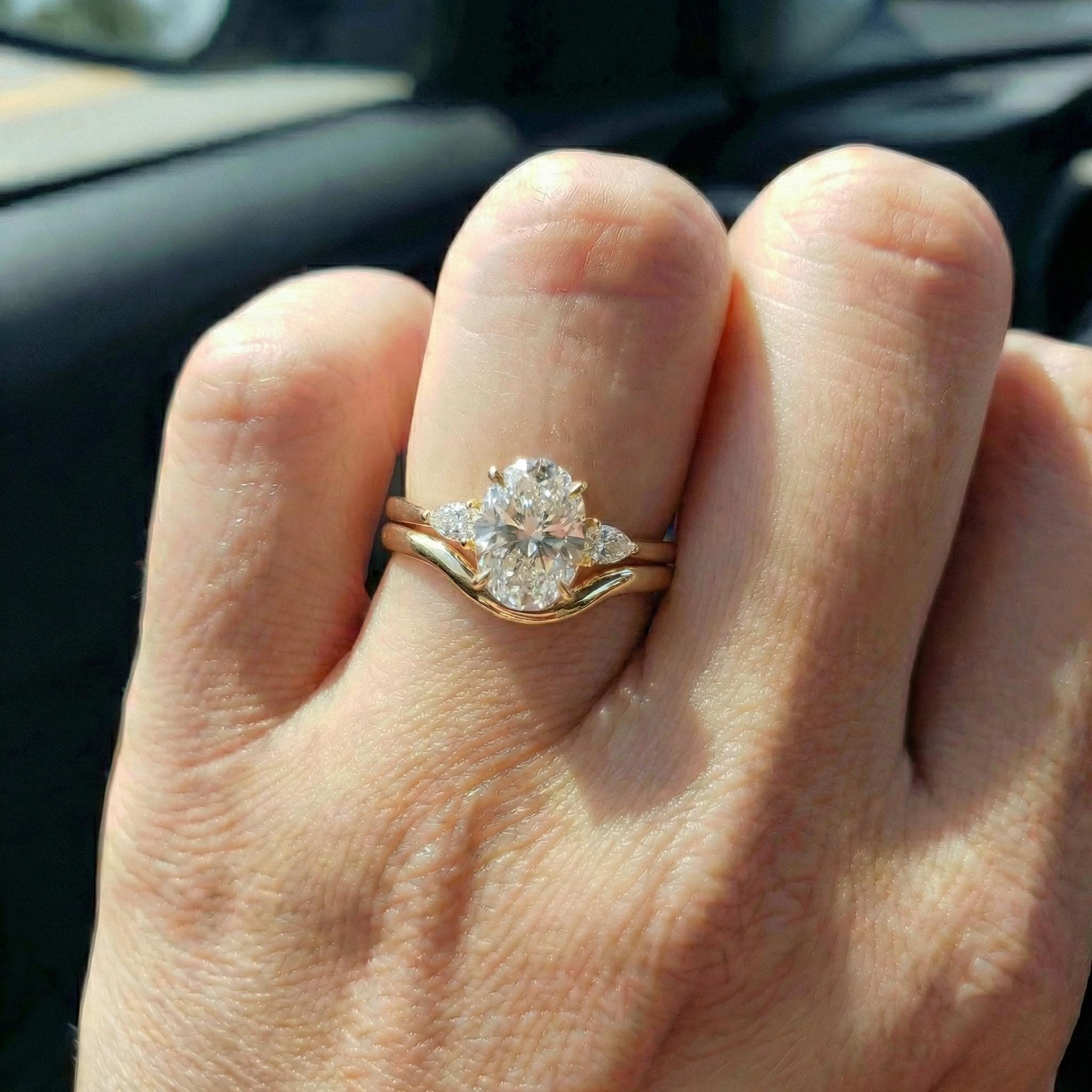 2.5ct Oval Cut Moissanite Ring, Petite Three Stone Engagement Ring, 14K Solid Gold Dainty Minimalist Jewelry, Pear Side Stone Promise Ring