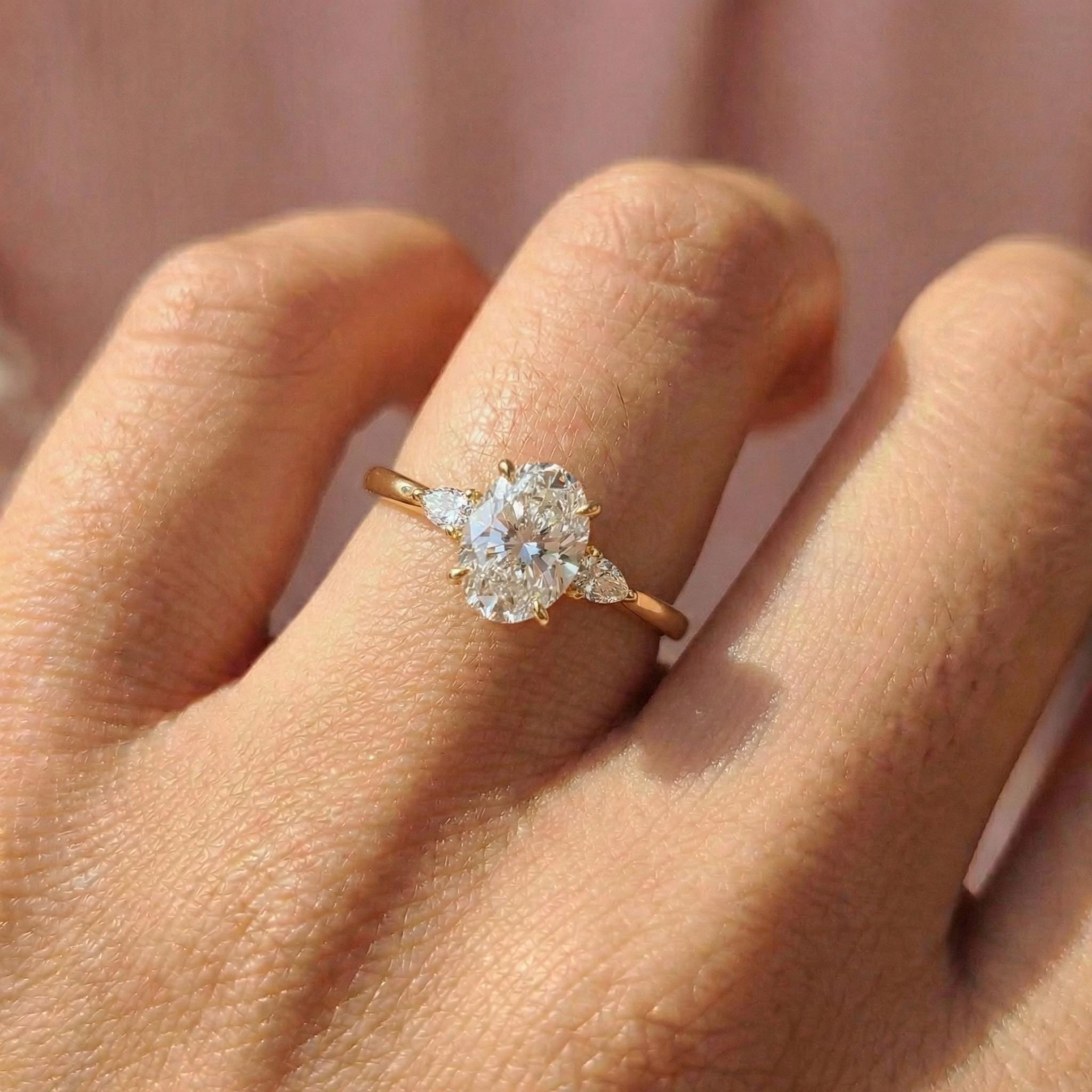 2.5ct Oval Cut Moissanite Ring, Petite Three Stone Engagement Ring, 14K Solid Gold Dainty Minimalist Jewelry, Pear Side Stone Promise Ring