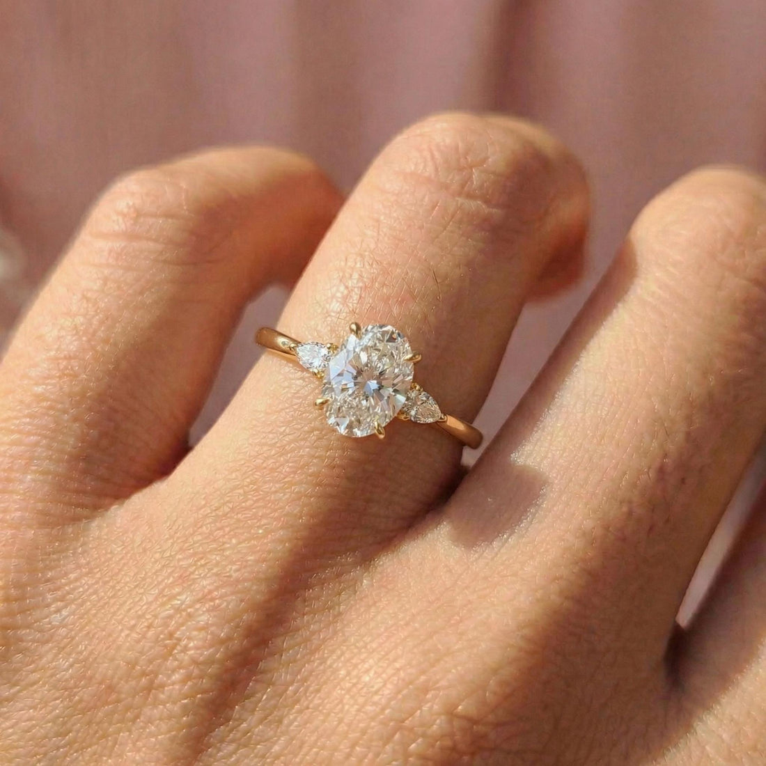 2.5ct Oval Cut Moissanite Ring, Petite Three Stone Engagement Ring, 14K Solid Gold Dainty Minimalist Jewelry, Pear Side Stone Promise Ring