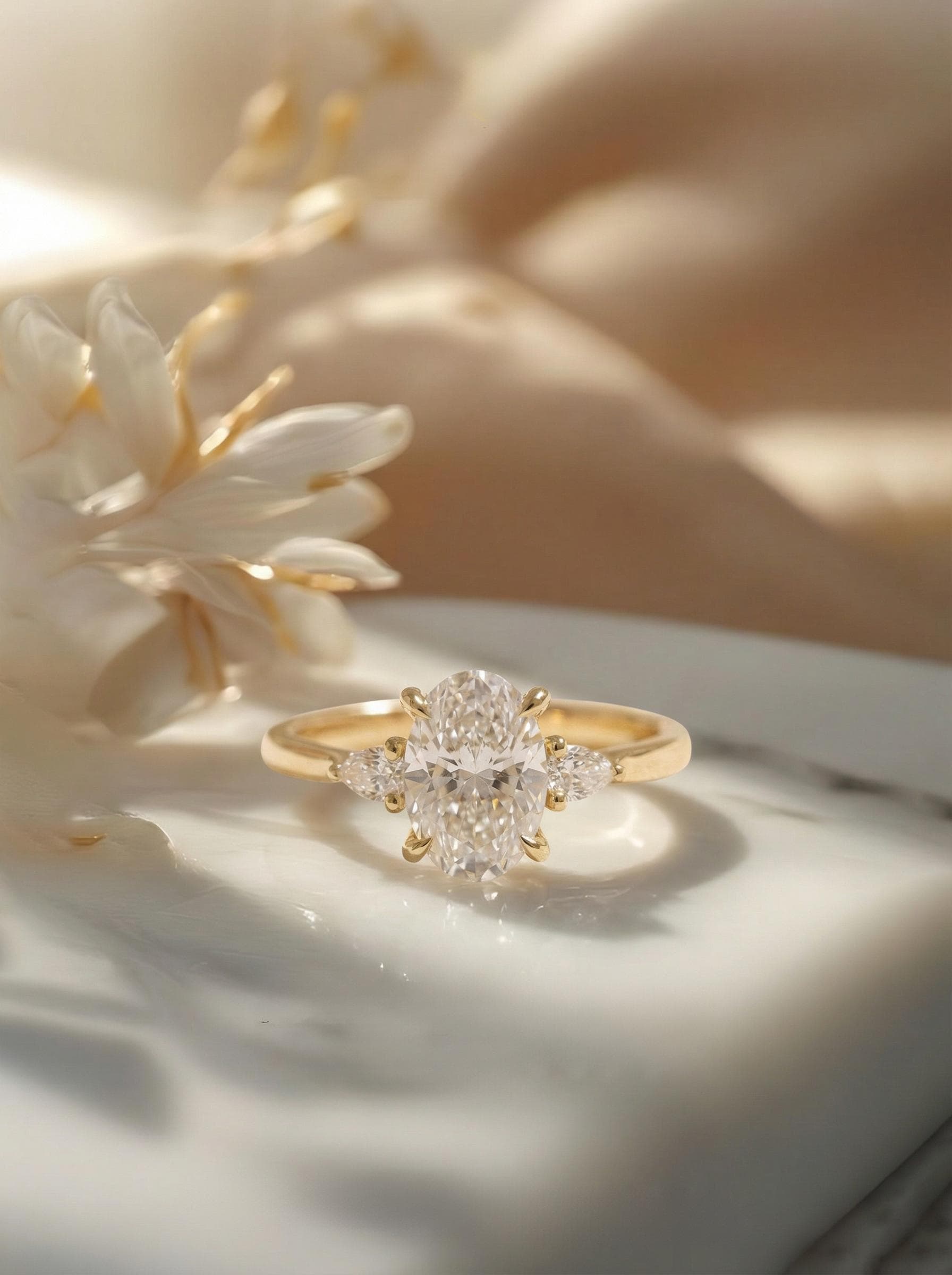 2.5ct Oval Cut Moissanite Ring, Petite Three Stone Engagement Ring, 14K Solid Gold Dainty Minimalist Jewelry, Pear Side Stone Promise Ring