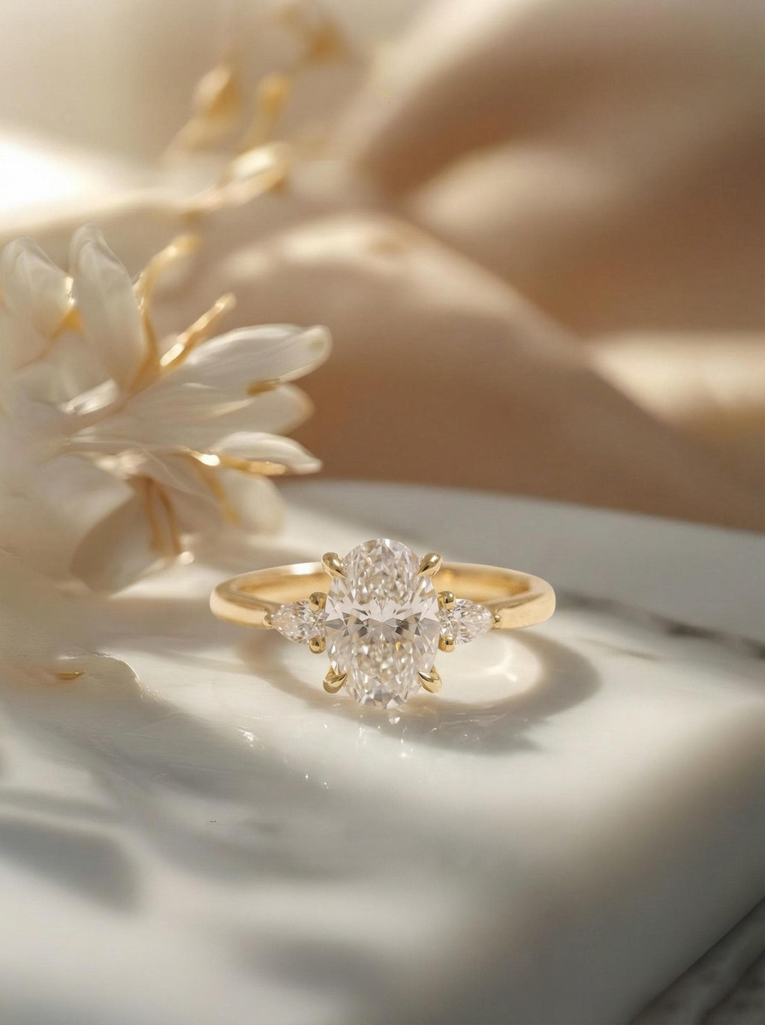 2.5ct Oval Cut Moissanite Ring, Petite Three Stone Engagement Ring, 14K Solid Gold Dainty Minimalist Jewelry, Pear Side Stone Promise Ring