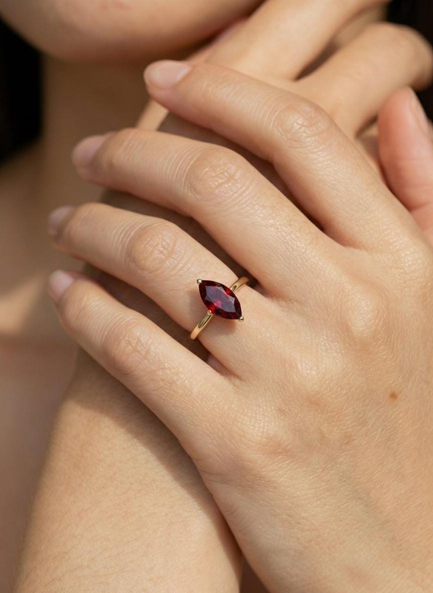 1.5ct Marquise Engagement Ring, Solitaire Promise Wedding Ring, Garnet Ring Gift for Her, January Birthstone