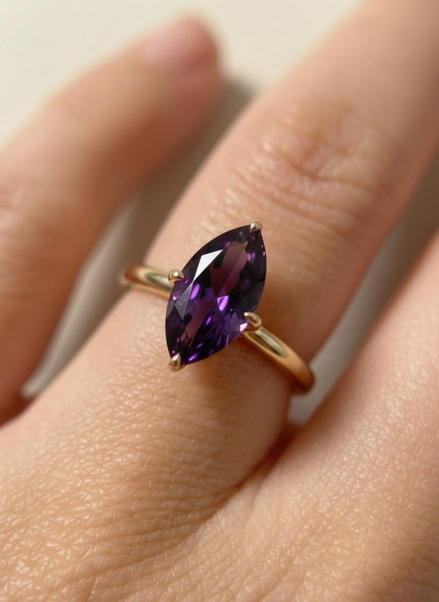 Marquise Amethyst Engagement Ring, February Birthstone Solitaire Ring, Purple Gemstone Promise Ring, Anniversary Gift for Her