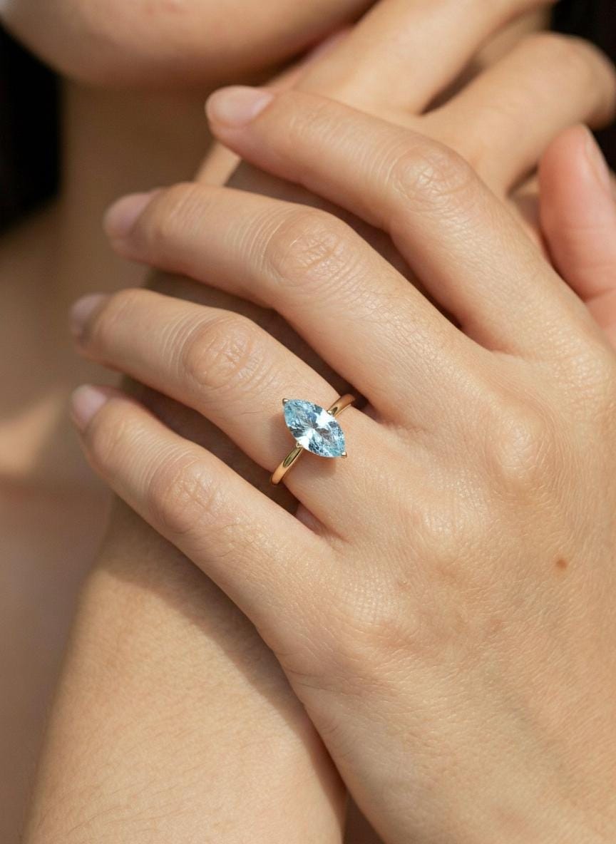 Marquise Aquamarine Engagement Ring Light Blue Solitaire Ring  Promise Ring Minimalist Anniversary Gift for Her, March Birthstone