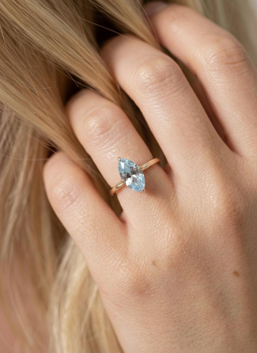 Marquise Aquamarine Engagement Ring Light Blue Solitaire Ring  Promise Ring Minimalist Anniversary Gift for Her, March Birthstone
