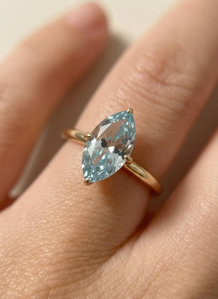 Marquise Aquamarine Engagement Ring Light Blue Solitaire Ring  Promise Ring Minimalist Anniversary Gift for Her, March Birthstone