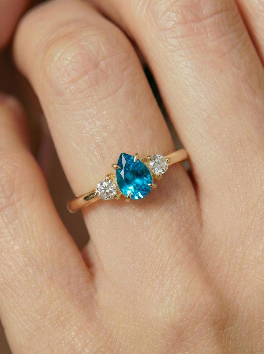 Pear Cut Blue Zircon Engagement Ring, 0.50ct December Birthstone Ring, Vintage Teardrop Promise Ring, Gift for Her