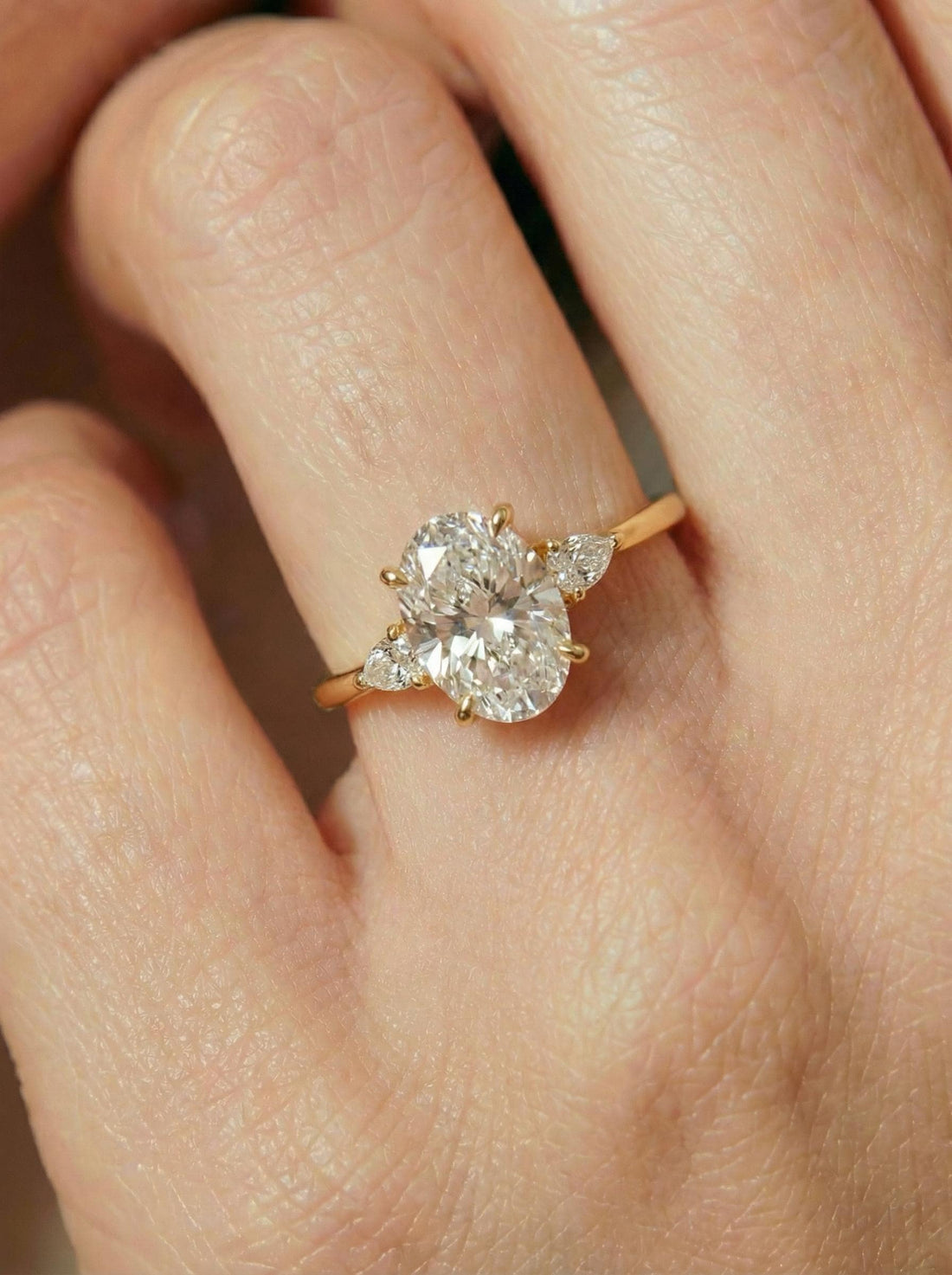 2.5ct Oval Cut Moissanite Ring, Petite Three Stone Engagement Ring, 14K Solid Gold Dainty Minimalist Jewelry, Pear Side Stone Promise Ring
