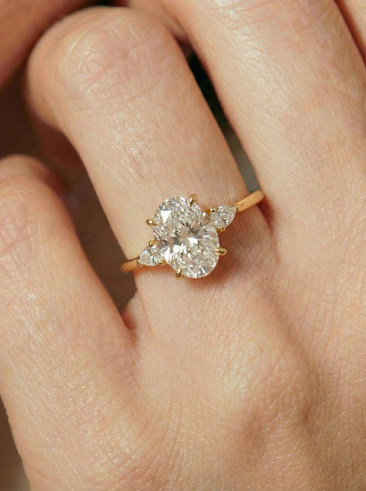 2.5ct Oval Cut Moissanite Ring, Petite Three Stone Engagement Ring, 14K Solid Gold Dainty Minimalist Jewelry, Pear Side Stone Promise Ring