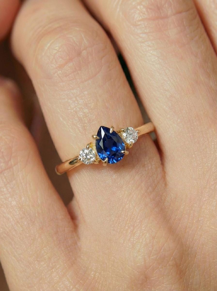 0.50ct Blue Sapphire Birthstone Ring, Pear Cut Vintage Engagement Ring, September Gemstone, Teardrop Promise Ring