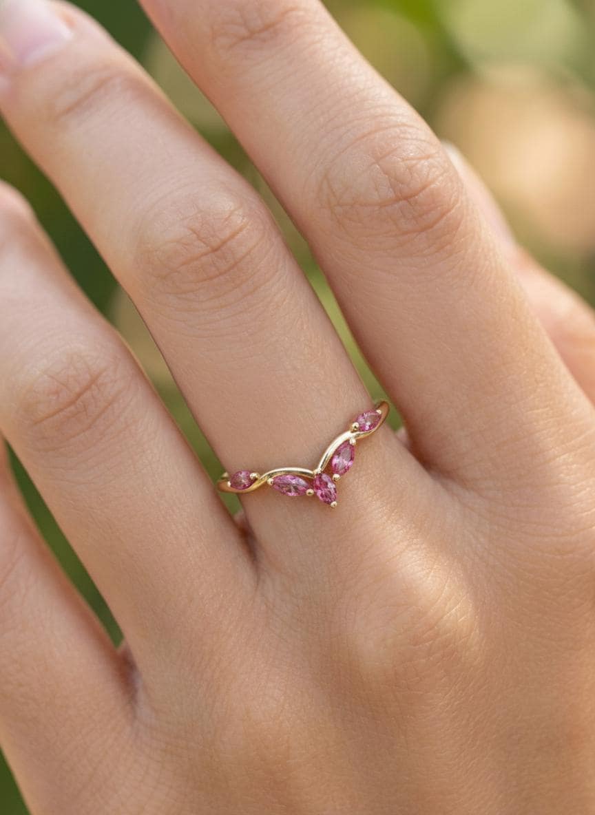 Curved Pink Tourmaline Marquise Cluster Band, 18K Gold October Birthstone V-Shaped Ring, Dainty Pink Tourmaline Enhancer