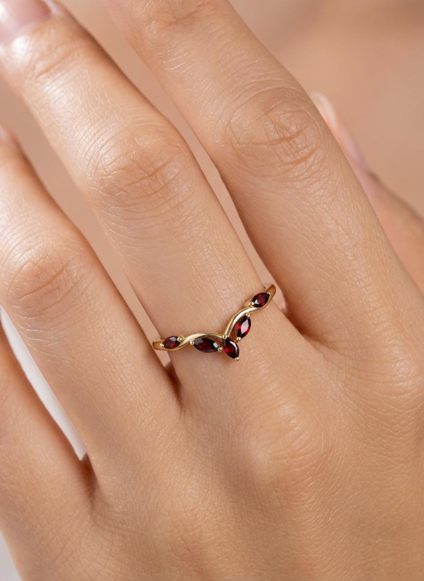 Curved Garnet Marquise Cluster Band, 18K Gold January Birthstone V-Shaped Ring, Dainty Red Garnet Enhancer