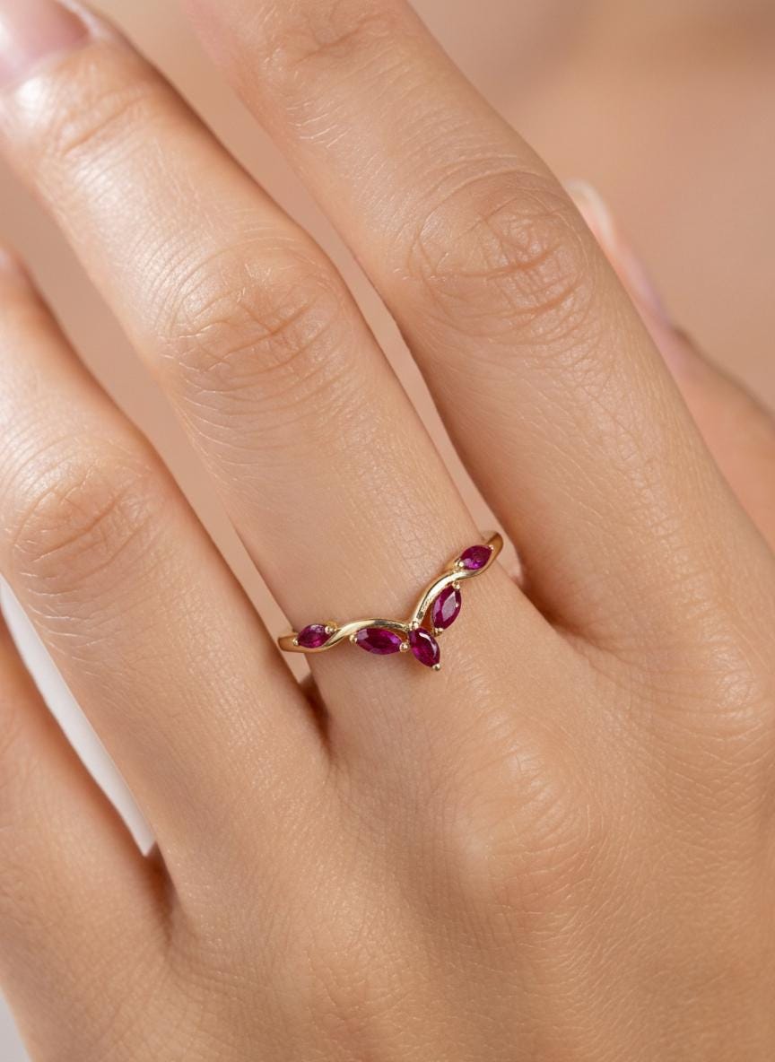 Curved Ruby Marquise Cluster Band, 18K Gold July Birthstone V-Shaped Ring, Dainty Red Ruby Enhancer