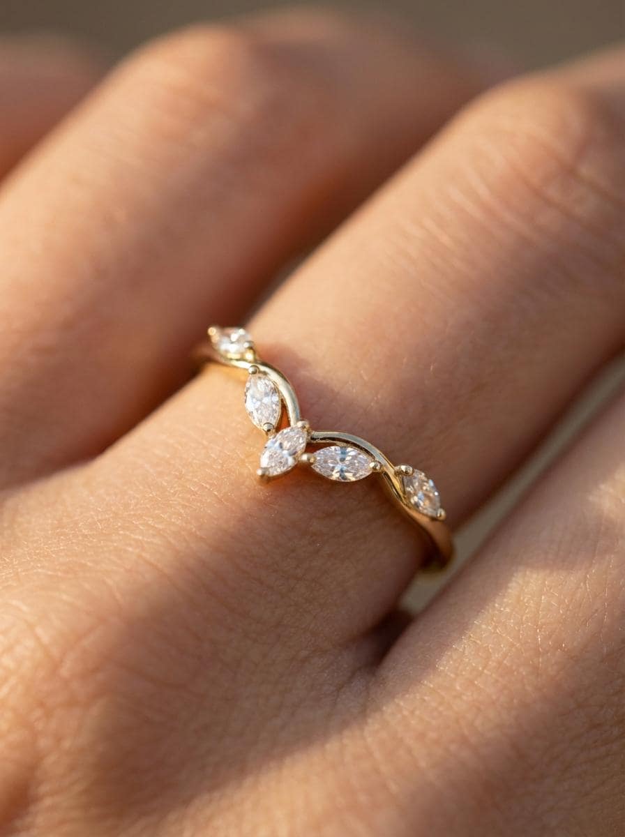 Moissanite Curved Marquise Cluster Band, 18K Gold V-Shaped Wedding Ring, Lab Grown Diamond Enhancer Ring
