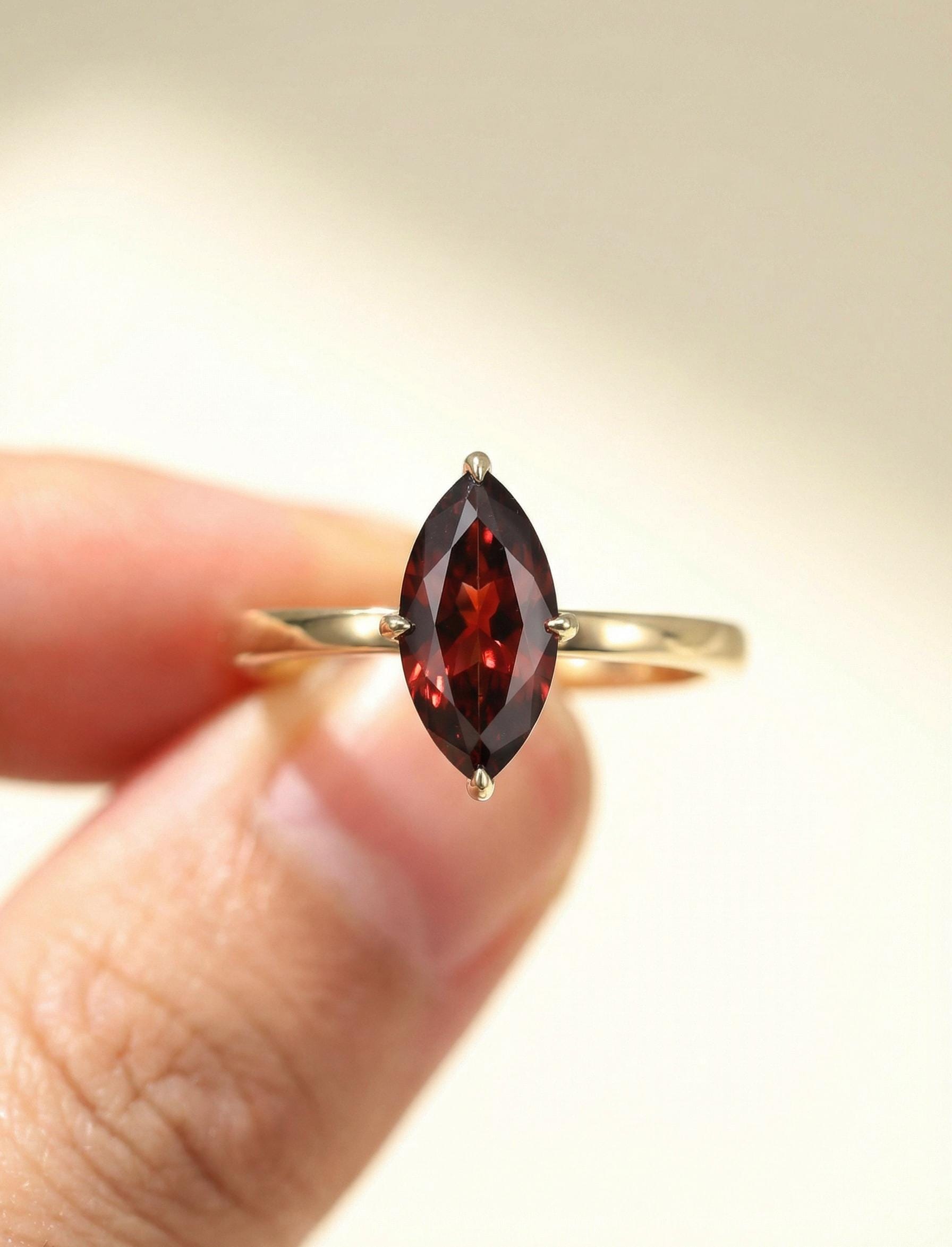 1.5ct Marquise Engagement Ring, Solitaire Promise Wedding Ring, Garnet Ring Gift for Her, January Birthstone