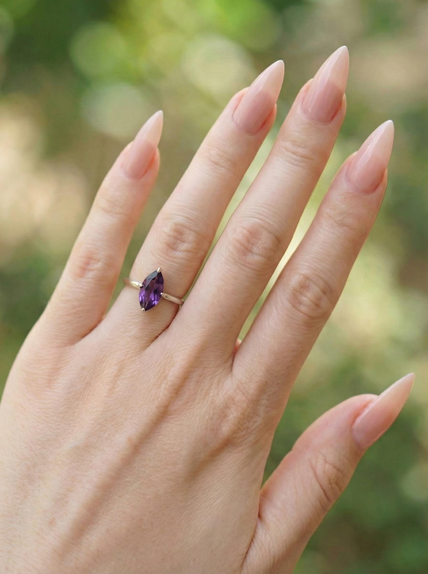 Marquise Amethyst Engagement Ring, February Birthstone Solitaire Ring, Purple Gemstone Promise Ring, Anniversary Gift for Her