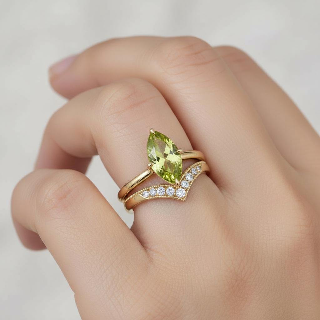 Marquise Peridot Ring Engagement Ring Solitaire Promise Ring August Birthstone Jewelry