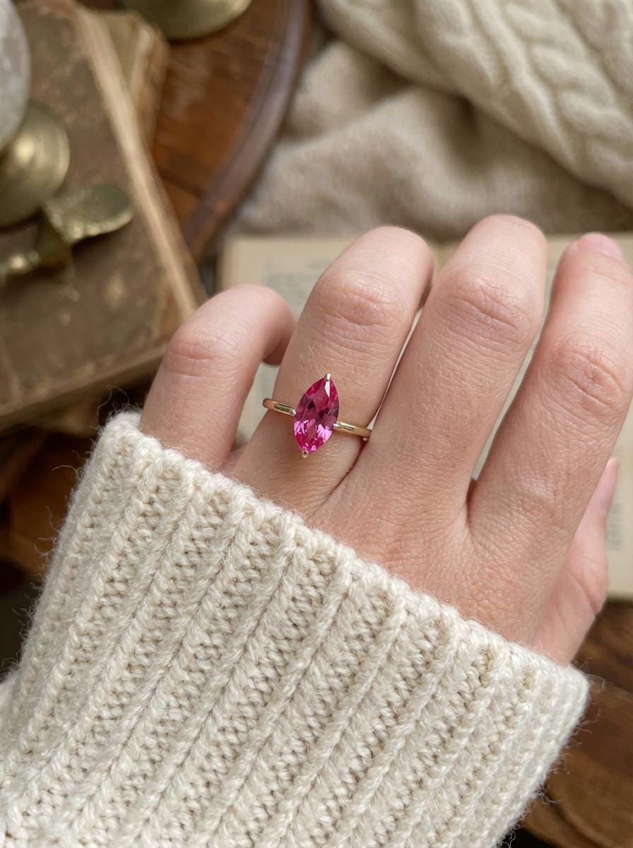 Pink Tourmaline Solitaire Ring Marquise Cut Engagement Ring Vibrant Pink Gemstone October Birthstone Push Present