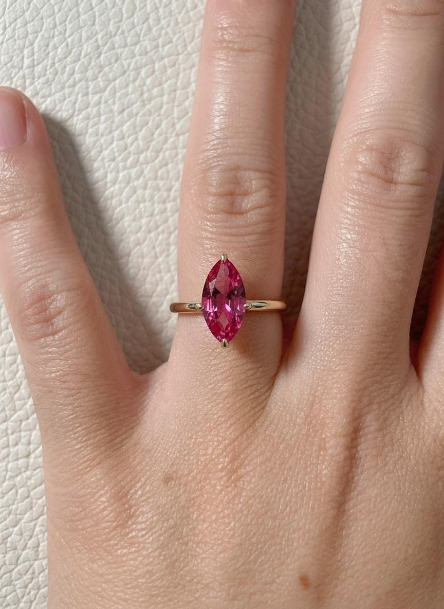 Pink Tourmaline Solitaire Ring Marquise Cut Engagement Ring Vibrant Pink Gemstone October Birthstone Push Present