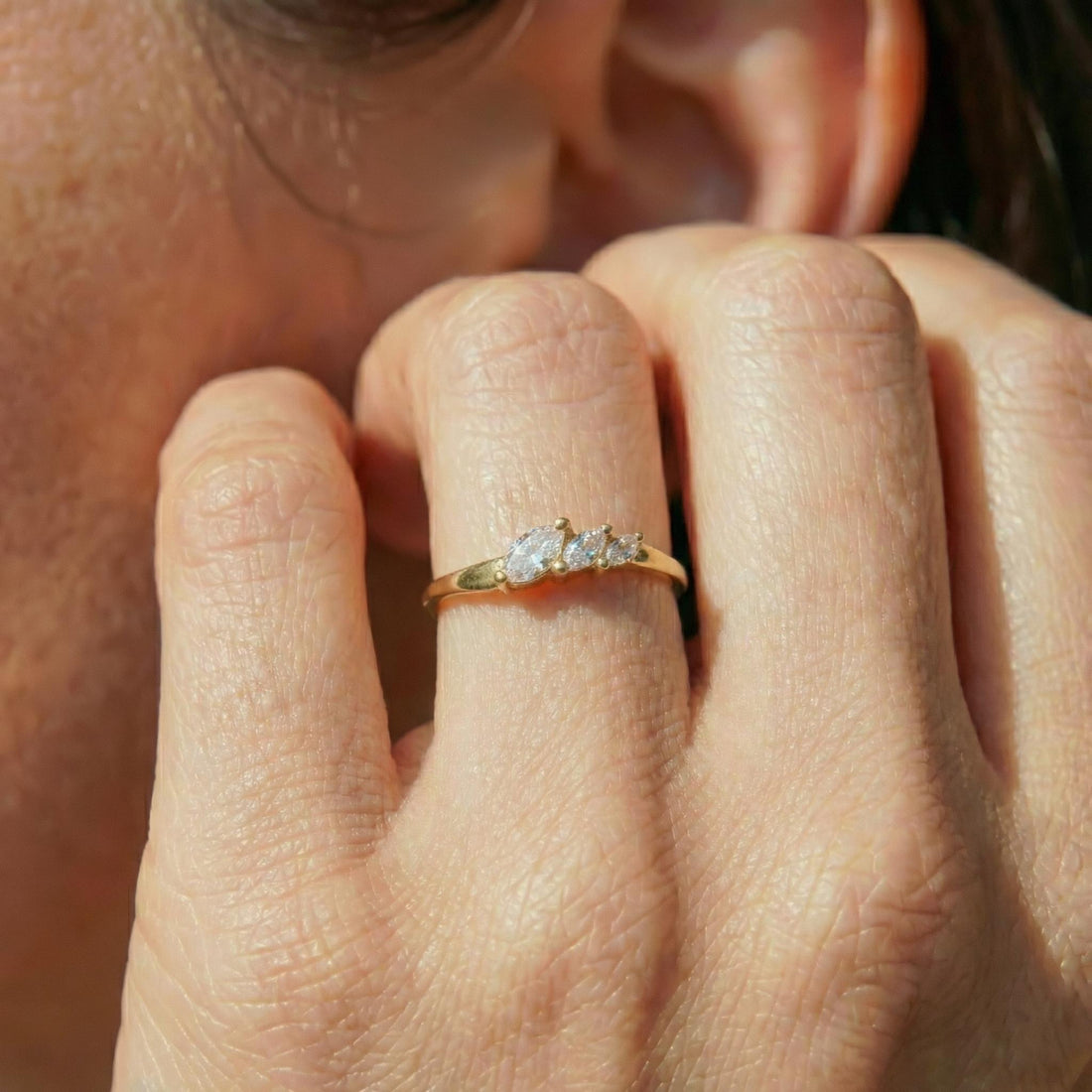 Moissanite Curved Wedding Band, 18K Gold Plated Marquise Stacking Ring for Women, April Birthstone, Promise Ring Gift for Her