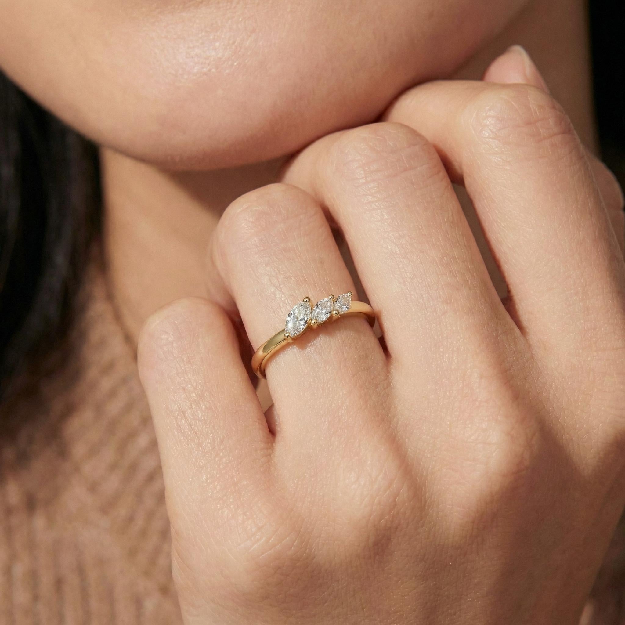 Moissanite Curved Wedding Band, 18K Gold Plated Marquise Stacking Ring for Women, April Birthstone, Promise Ring Gift for Her
