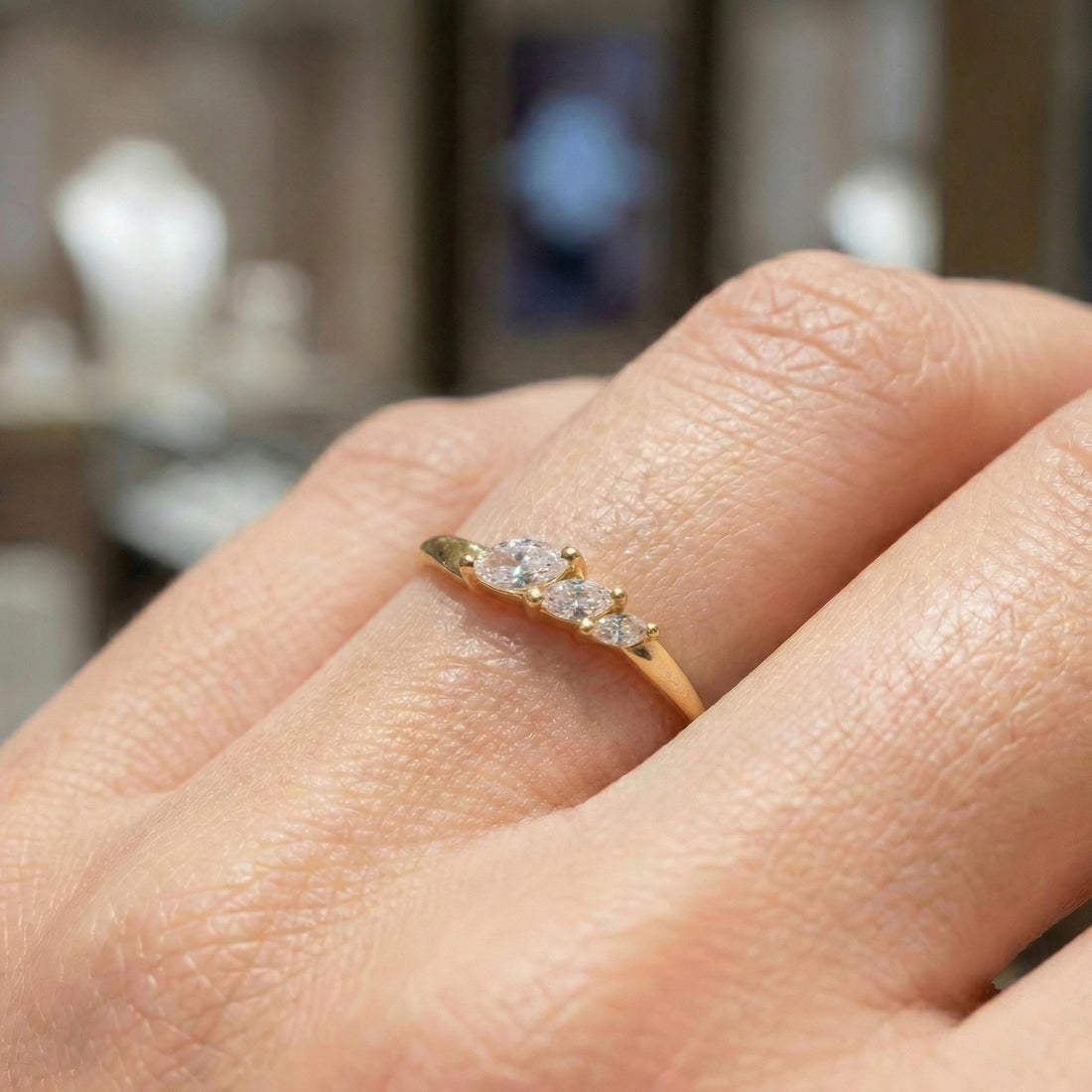 Moissanite Curved Wedding Band, 18K Gold Plated Marquise Stacking Ring for Women, April Birthstone, Promise Ring Gift for Her