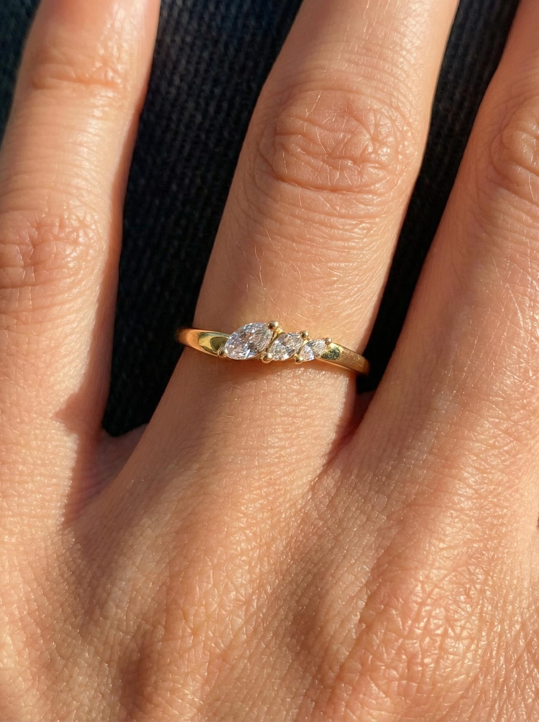 Moissanite Curved Wedding Band, 18K Gold Plated Marquise Stacking Ring for Women, April Birthstone, Promise Ring Gift for Her