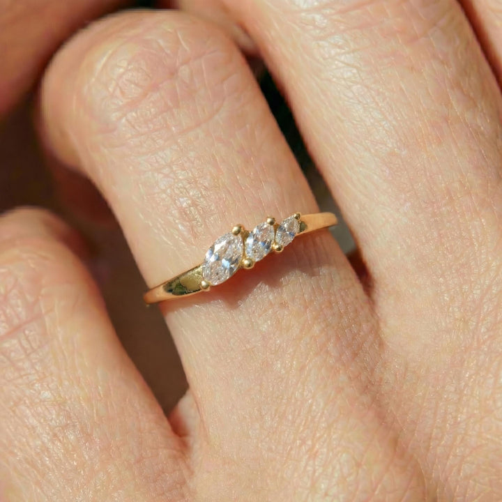 Moissanite Curved Wedding Band, 18K Gold Plated Marquise Stacking Ring for Women, April Birthstone, Promise Ring Gift for Her
