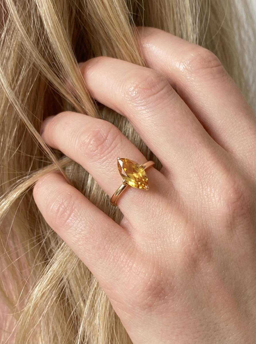Marquise Citrine Engagement Ring Golden Yellow Solitaire Sterling Silver Promise Ring Minimalist Wedding Jewelry Anniversary Gift for Her