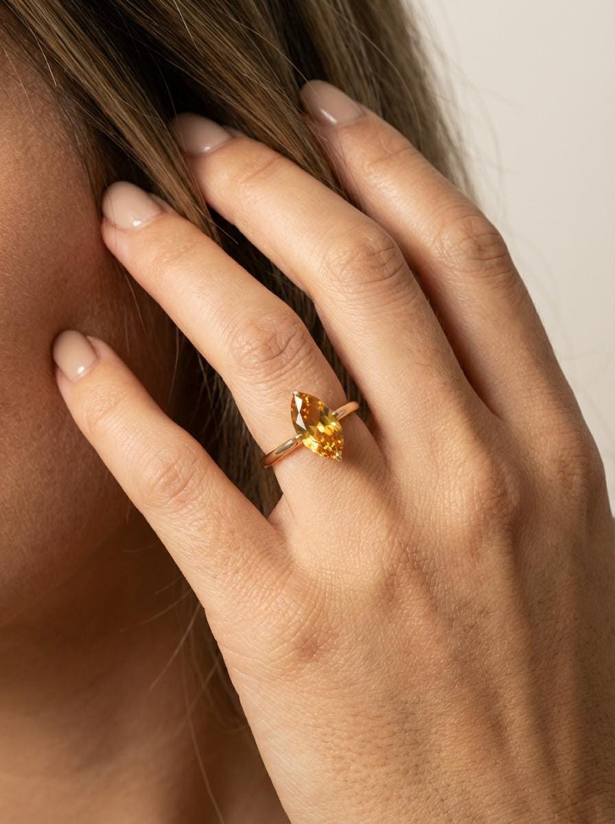 Marquise Citrine Engagement Ring Golden Yellow Solitaire Sterling Silver Promise Ring Minimalist Wedding Jewelry Anniversary Gift for Her
